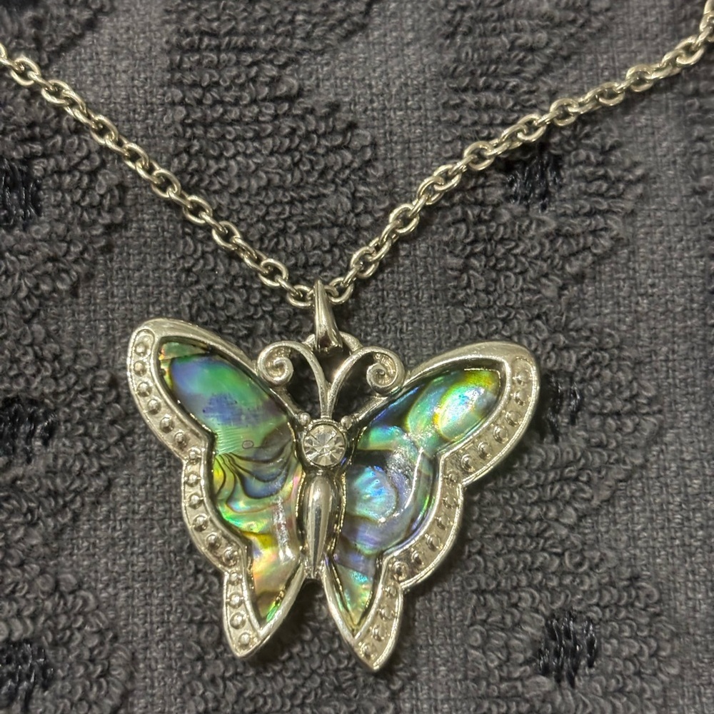 Vintage Abalone and Rhinestone Butterfly Pendant Necklace